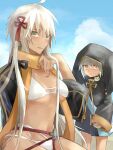  2girls ahoge bangs bikini black_jacket blue_sky breasts cropped_jacket dark-skinned_female dark_skin fate/grand_order fate_(series) grey_eyes highres hood hooded_jacket jacket long_hair long_sleeves looking_at_viewer medium_breasts multiple_girls navel okita_souji_(alter_swimsuit_saber)_(fate) okita_souji_(fate)_(all) orange_scarf rengoku_(fate) scarf shrug_(clothing) sky smile swimsuit tassel thighs very_long_hair white_bikini white_hair yuma_(onionmuri) 