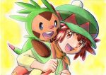  1girl :d backpack bag bangs brown_hair capelet chespin commentary eyebrows_visible_through_hair eyelashes green_capelet green_headwear hands_up hat highres holding_strap mairin_(pokemon) oka_mochi open_mouth orange_bag orange_eyes pokemon pokemon_(anime) pokemon_(creature) pokemon_on_back pokemon_xy_(anime) shirt short_hair smile tongue traditional_media upper_body yellow_background yellow_shirt 