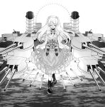  1girl anno88888 breasts cannon cleavage conte_di_cavour_(kancolle) crossed_legs curtsey dress facing_viewer full_body greyscale highres kantai_collection large_breasts long_hair long_sleeves machinery monochrome skirt_hold smokestack solo torpedo turret two_side_up watson_cross 