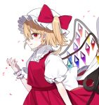  1girl blonde_hair blush bow collared_shirt commentary_request cowboy_shot crystal eyebrows_visible_through_hair flandre_scarlet frilled_shirt_collar frilled_skirt frills from_side hand_up hat highres laevatein_(touhou) looking_at_viewer mob_cap one_side_up petals puffy_short_sleeves puffy_sleeves red_bow red_eyes red_skirt red_vest rose_petals sash shirt short_sleeves simple_background skirt skirt_set solo star-shaped_pupils star_(symbol) symbol-shaped_pupils touhou vest white_background white_headwear white_sash white_shirt wings wrist_cuffs yurui_tuhu 