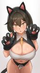  1girl :o animal_ears animal_hands banned_artist breasts brown_hair cat_ears cat_paws cat_tail cleavage eyebrows_visible_through_hair fake_animal_ears gloves gradient gradient_background grey_background hair_between_eyes kkamja large_breasts looking_at_viewer navel original paw_gloves paw_pose short_hair solo tail thighs yellow_eyes 