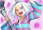  1girl :d arm_up bass_guitar blue_eyes collarbone commentary dress forehead freckles hair_bobbles hair_ornament hand_up highres holding holding_instrument instrument looking_at_viewer oka_mochi open_mouth pokemon pokemon_(game) pokemon_bw2 purple_background roxie_(pokemon) short_hair smile solo spiked_hair strap striped striped_dress tongue topknot traditional_media two-tone_dress upper_body upper_teeth white_hair 