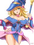  1girl artist_name bare_shoulders blonde_hair blush breasts cleavage collarbone dark_magician_girl eyebrows_visible_through_hair green_eyes hand_on_hip highres large_breasts looking_at_viewer one_eye_closed open_mouth shetake smile solo thighs upper_teeth yu-gi-oh! 