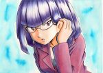  1girl adjusting_hair bangs black_shirt blue_background blunt_bangs collarbone commentary_request glasses hair_behind_ear hand_up highres jacket long_sleeves matori_(pokemon) oka_mochi open_mouth pokemon pokemon_(anime) pokemon_xy_(anime) purple_eyes purple_hair purple_jacket shiny shiny_hair shirt short_hair solo team_rocket tongue traditional_media 