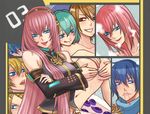  4girls :d :q aqua_eyes aqua_hair aqua_nails bad_id bare_shoulders blonde_hair blood blue_eyes blue_hair blush breast_grab breasts brown_eyes brown_hair clenched_teeth clothed_female_nude_female collarbone crossed_arms detached_sleeves gem grin grope groping hair_between_eyes hair_ornament hairclip hatsune_miku headphones highres jewelry kagamine_len kagamine_rin kaito long_hair looking_at_another looking_at_viewer megurine_luka meiko multiple_boys multiple_girls nail_polish naughty_face nayu neck nosebleed nude open_mouth pink_hair pink_nails round_teeth sapphire_(stone) scarf short_hair sleeveless smile sweatdrop teeth tongue upper_body vocaloid yuri 