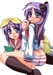  ass blue_eyes hair_ribbon hiiragi_kagami hiiragi_tsukasa long_hair lucky_star multiple_girls panties purple_hair ribbon ryouou_school_uniform school_uniform serafuku shibahara_gocho short_hair striped striped_panties underwear 