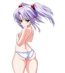  ass back bad_anatomy bad_ass bad_id bad_pixiv_id blush flat_chest hair_bobbles hair_ornament hoshino_ruri inagaki kidou_senkan_nadesico looking_back panties purple_hair solo thick_thighs thighs topless twintails underwear underwear_only white_panties yellow_eyes 