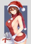  1girl :d arched_back armpits backless_outfit bangs bare_arms bare_shoulders blue_background blush breasts brown_hair christmas commentary_request cowboy_shot eyebrows_visible_through_hair fang gloves grey_background groin hair_between_eyes hand_on_own_stomach hat highres irohasu looking_at_viewer medium_breasts meme_attire open_mouth original pom_pom_(clothes) red_hat red_scarf red_sweater sack santa_hat scarf short_hair sideboob sidelocks sleeveless smile solo standing sweater two-tone_background virgin_killer_sweater white_gloves yellow_eyes 