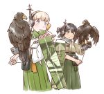  2girls animal_on_arm bangs bird blonde_hair blue_eyes blue_ribbon brown_eyes brown_hair camouflage dougi eyebrows_visible_through_hair flight_deck folded_ponytail gloves green_hakama grey_gloves hair_ornament hair_ribbon hakama hakama_skirt hawk headphones japanese_clothes kantai_collection karasu_(naoshow357) kasuga_maru_(kantai_collection) long_hair machinery multiple_girls ribbon scarf shin&#039;you_(kantai_collection) shin'you_(kantai_collection) side_ponytail simple_background single_glove smile swept_bangs taiyou_(kantai_collection) white_background 