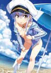  1girl bangs beach beach_umbrella breasts feet_out_of_frame hand_on_own_thigh hat highres hood island_(game) jacket kuuchuu_yousai leaning_forward long_hair long_sleeves looking_at_viewer naked_jacket navel neck_ribbon off_shoulder official_art ohara_rinne open_clothes open_jacket peaked_cap photoshop_(medium) ribbon shoes shoes_removed silver_hair small_breasts solo standing umbrella water yellow_eyes 