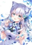  animal_ears bare_shoulders blue_flower blurry blurry_background blush breasts fang flower frills hair_flower hair_ornament hairpin hands_up heterochromia highres long_hair open_mouth original ribbon sakura_moyon small_breasts smile white_hair 