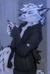  2021 5_fingers angiewolf anthro blue_eyes canid canine claws clothed clothing digital_media_(artwork) fingers fur hair looking_at_viewer male mammal smile solo white_body white_fur white_hair 