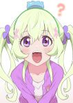  1girl ? blush clueless copyright_request dress flower flower_on_head green_hair grey_background hair_flower hair_ornament hairband highres jacket long_hair long_sleeves looking_at_viewer open_mouth oral_invitation osame purple_eyes purple_jacket simple_background solo twintails white_dress 