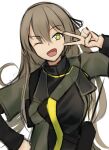  +_+ 1girl black_bodysuit black_ribbon bodysuit breasts brown_hair camouflage camouflage_jacket eyebrows_visible_through_hair girls&#039;_frontline green_eyes hair_ribbon hand_on_hip highres jacket lodbyy long_hair looking_at_viewer medium_breasts one_eye_closed open_clothes open_jacket open_mouth ribbon smile solo star-shaped_pupils star_(symbol) symbol-shaped_pupils ump40_(girls&#039;_frontline) upper_body v white_background 