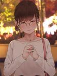  1girl absurdres bag bangs blurry blurry_background blush brown_eyes brown_hair collarbone glasses green_nails highres jewelry long_sleeves mole mole_under_eye nail_polish necklace original outdoors own_hands_together saitou_(lynx-shrike) shirt short_hair shoulder_bag solo swept_bangs upper_body white_shirt 