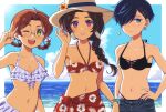  3girls absurdres beach bikini black_bikini blue_eyes blue_hair blue_sky bracelet braid breasts brown_hair day denim denim_shorts earrings floral_print flower freckles frilled_bikini frills genderswap genderswap_(mtf) glasses green_eyes hair_ornament hair_over_one_eye hair_rings hairclip hand_on_hip hat hat_flower highres jewelry jinnai_enta kuji_toi looking_at_viewer medium_breasts mesyoko multiple_girls navel o-ring one_eye_closed outdoors red_bikini red_eyes sarazanmai short_hair shorts sky small_breasts sun_hat swimsuit v yasaka_kazuki 