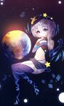  1girl absurdres bangs bare_shoulders bikini black_bikini black_gloves black_legwear black_skirt blue_eyes closed_mouth darkworldsss elbow_gloves full_body full_moon galaxy gloves highres honkai_(series) honkai_impact_3rd long_hair looking_at_viewer mercury_(planet) moon navel skirt smile solo star_(sky) star_(symbol) swimsuit theresa_apocalypse thighhighs white_hair 