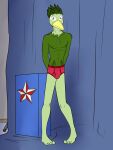  3:4 avian bulge clothed clothing fak&eacute;mon feathers fuze green_body green_feathers green_hair hair hands_behind_back hi_res male multicolored_body navel nipples pink_briefs shy solo topless two_tone_body underwear underwear_only 