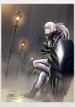  1girl aek-999_(girls&#039;_frontline) blue_jacket eyebrows_visible_through_hair girls&#039;_frontline grey_hair ground_vehicle highres jacket lamp lodbyy long_hair looking_away motor_vehicle motorcycle open_clothes open_jacket pants ponytail smile solo standing standing_on_one_leg white_pants yellow_eyes 