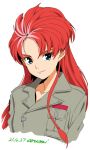  1girl artist_name baba_arumi choujuu_kishin_dancouga commentary_request dancouga_(series) dated jacket long_hair red_hair simple_background smile solo thick_eyebrows upper_body white_background yuki_sara 