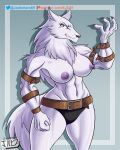  abs absurd_res anthro belt biceps big_breasts black_nose blue_eyes bottomwear breasts canid canine canis claws clothing digital_media_(artwork) fan_character female fur hi_res jackintaro looking_at_viewer mammal muscular muscular_anthro muscular_female nipples simple_background solo teeth white_body white_fur wolf 