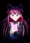  1girl :o absurdres black_background black_clothes bug butterfly butterfly_brooch butterfly_earrings butterfly_on_hand dark_cure_(yes!_precure_5) dark_dream darkness detached_sleeves earrings fingerless_gloves gloves hair_rings highres jewelry light_blush light_particles long_hair midriff pink_hair precure purple_eyes raised_eyebrows sentyouoekaki sidelocks solo spirit surprised yes!_precure_5 