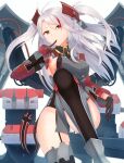  1girl absurdres alternate_costume azur_lane black_gloves black_legwear breasts eyebrows_visible_through_hair finger_to_mouth garter_straps gloves highres large_breasts light_brown_eyes lodbyy long_hair looking_at_viewer looking_away mole mole_on_breast multicolored_hair prinz_eugen_(azur_lane) silver_hair solo thighhighs 