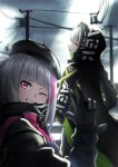  2girls aek-999_(girls&#039;_frontline) beret black_gloves black_headwear black_jacket blush cloud cloudy_sky eyebrows_visible_through_hair feet_out_of_frame girls&#039;_frontline gloves grey_hair hat headphones headphones_around_neck highres hood hood_up hooded_jacket jacket lodbyy long_hair looking_at_viewer looking_back mdr_(girls&#039;_frontline) multicolored_hair multiple_girls one_eye_closed purple_eyes simple_background sky smile standing tongue tongue_out v yellow_eyes 