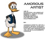  absurd_res amorousartist amorousartist(character) anatid anseriform anthro avian biography bird clothed clothing disney duck ducktales ducktales_(2017) eyewear glasses hi_res humanoid male model_sheet open_clothing open_shirt open_topwear shirt simple_background solo text topwear under_shirt white_void 