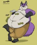 anthro belly_overhang bottomwear canid canine clothed clothing fox full_belly fur hi_res kaiipwilde_(artist) love_handles male mammal moobs navel obese obese_anthro obese_male onomatopoeia overweight overweight_anthro overweight_male pants partially_clothed patting_belly purple_body purple_fur rumbling_stomach smile smug_face solo sound_effects text 