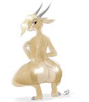  2016 antelope anthro big_butt blonde_hair bovid brown_body brown_eyes butt crouching disney female gazelle gazelle_(zootopia) genitals girokett hair hi_res hooves horn looking_back mammal nude pussy rear_view signature simple_background sketch smile solo white_background zootopia 