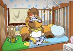  2021 agumon anthro bandai_namco bed bedroom biped blush brown_body brown_fur brown_hair canid canine canis detailed_background diaper digimon digimon_(species) domestic_dog fur furniture gabumon hair hi_res hug inside kemono mammal nintendo overweight plushie pok&eacute;mon pok&eacute;mon_(species) reddo12340 sitting solo video_games yamper young 