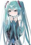  1girl aqua_eyes aqua_hair aqua_nails bangs bare_shoulders blue_neckwear closed_mouth commentary detached_sleeves fingernails hair_tie hatsune_miku holding holding_hair light_blush long_hair looking_at_viewer nail_polish necktie sidelocks simple_background solo twintails upper_body vocaloid white_background zumi_(neronero126) 