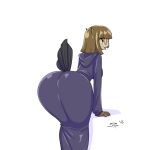  2018 anette_cerise anthro avian beak big_butt bird black_eyes breasts brown_hair butt butt_focus clothing eyewear feathers female girokett glasses hair hi_res long_hair looking_back open_mouth orange_sclera owl raised_tail rear_view robe signature simple_background solo tail_feathers white_background 