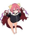  1girl animal_hands bare_legs barefoot blush breasts cape claw_pose curled_horns dot_nose dragon_tail full_body gradient_hair grin hands_up highres horns huge_breasts ilulu_(maidragon) kobayashi-san_chi_no_maidragon long_hair looking_at_viewer multicolored_hair osame pink_hair purple_hair red_cape red_eyes simple_background smile solo tail twintails two-sided_cape two-sided_fabric white_background 