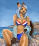 2021 5:6 absurd_res anthro biped blue_hair breasts canid canine canis detailed_background domestic_dog female green_eyes hair hi_res lora_mclaren mammal navel outside sitting smile water 