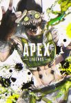  1boy \n/ abs apex_legends belt black_belt black_gloves black_headwear copyright_name cropped_vest fingerless_gloves gloves goggles green_vest liquid looking_at_viewer male_focus navel octane_(apex_legends) solo vest wako_(level5) white_background 