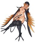  1girl bangs bar_censor bird_legs black_feathers black_wings breasts censored cinko commentary commission feathered_wings feathers grey_eyes harpy highres knees_together_feet_apart lying monster_girl navel nipples nude on_back orange_feathers orange_wings original pointy_ears pussy short_hair sidelocks simple_background small_breasts solo tail talons tongue tongue_out two-tone_wings white_background winged_arms wings 