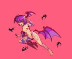  1girl bangs breasts fang hands_up head_wings leg_up lilith_aensland low_wings navel noscium open_mouth pixel_art purple_background purple_hair red_eyes short_hair simple_background small_breasts smile solo torn_clothes vampire_(game) wings 