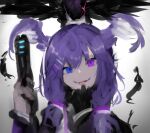  1girl absurdres apex_legends blue_eyes braid dragon ember_(selen_tatsuki) energy_gun fangs glowing glowing_eye gun hair_ornament hairclip handgun head_tilt head_wings heterochromia highres holding holding_gun holding_weapon kakaeru looking_at_viewer nijisanji nijisanji_en open_mouth pistol portrait purple_eyes red_eyes sa-3_mozambique selen_tatsuki sketch skin_fangs smile solo twin_braids virtual_youtuber weapon 