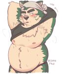  2021 anthro belly black_nose blush bodily_fluids canid canine canis clothing domestic_dog green_body hi_res jamiephut kemono live-a-hero male mammal mokdai moobs navel nipples overweight overweight_male shirt simple_background solo sweat text topwear underwear undressing video_games white_background 