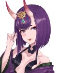  1girl bare_shoulders breasts collarbone eyeliner fangs fate/grand_order fate_(series) hair_between_eyes hair_ornament hair_twirling horns jewelry jonbur_man looking_at_viewer makeup medium_hair off-shoulder_kimono off_shoulder oni oni_horns purple_eyes purple_hair shuten_douji_(fate) simple_background skin-covered_horns small_breasts solo white_background wide_sleeves 