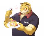  &lt;3 2015 a8taka_ism anthro belly clothing eyewear felid food glasses humanoid_hands kemono male mammal overweight overweight_male pantherine shirt simple_background solo tiger tongue tongue_out topwear white_background yellow_body 