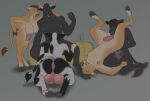  2021 anthro biped bovid bovine breasts brown_hooves cattle female genitals grey_background group hay hay_bale hi_res hooves horn intraspecies male male/female mammal nipples pussy sex simple_background sunderlovely teats udders 