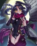  1girl android black_hair breasts cloud fate/grand_order fate_(series) full_moon high_ponytail highres intes joints katou_danzou_(fate) large_breasts leotard long_hair mechanical_arms moon night night_sky ninja outdoors ponytail red_scarf robot_joints scarf sky solo yellow_eyes 