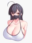  1girl ahoge black_hair breasts cleavage collarbone commentary_request eyelashes hair_ornament hairclip highres huge_breasts kuavera long_hair mask mole mole_on_breast mouth_mask orange_eyes original solo sports_bra unfinished upper_body white_background 