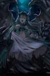  1girl bangs breasts dragon_claw dragon_girl dragon_horns dragon_wings dress glowing glowing_eyes green_eyes green_hair hair_between_eyes highres horns kanashi_kumo long_hair looking_at_viewer navel night open_mouth original outdoors small_breasts torn_clothes torn_dress very_long_hair white_dress wings 