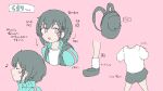  1girl backpack bag black_hair character_sheet hair_ornament highres iyowa_(igusuri_please) musical_note original pink_background pink_eyes 