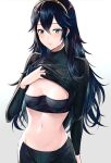  1girl ameno_(a_meno0) blue_bra blue_eyes blue_hair blue_pants blue_shirt bra breasts clothes_lift fire_emblem fire_emblem_awakening hand_on_own_chest long_hair looking_down lucina_(fire_emblem) navel pants shirt shirt_lift small_breasts tiara underwear 