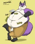  animal_genitalia anthro balls belly_overhang bottomwear canid canine clothed clothing fox full_belly fur genitals hi_res kaiipwilde_(artist) love_handles male mammal moobs navel obese obese_anthro obese_male onomatopoeia overweight overweight_anthro overweight_male pants partially_clothed patting_belly peeking_out penis purple_body purple_fur rumbling_stomach sheath smile smug_face solo sound_effects text 